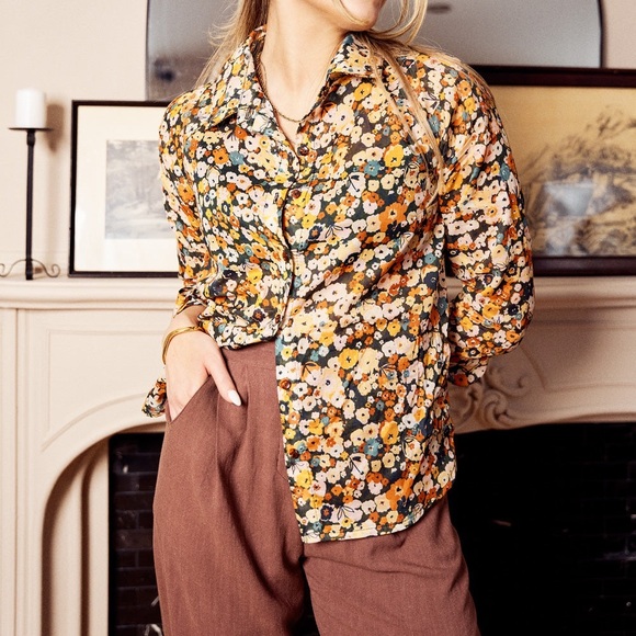 Meemoza Tops - [S]Meemoza Navy Floral Printed Raglan Button-Up Modal Spandex Blouse